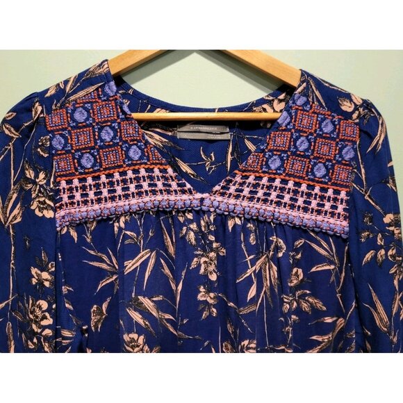 By Anthropologie Blue Pink Embroidered Relaxed Fit Peasant Top Sz L - Picture 2 of 6
